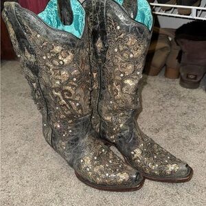 Embellished Black and Gold Women's Heeled Cowboy Boots